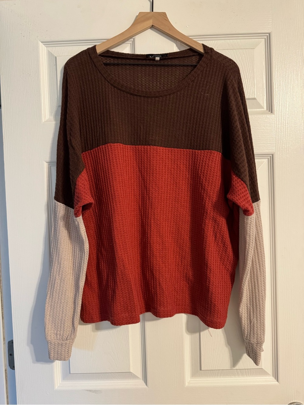 Colorblock Waffle-knit Top - Brown, Rust, Cream